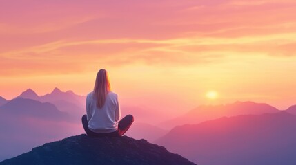 Serene Woman sitting on a hilltop at sunrise, embracing calmness and deep contemplation.