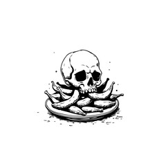 Surreal Illustration: Skull perched on a plate of bananas, intriguing juxtaposition
