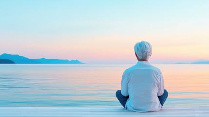 Serene Elderly woman meditating by the ocean, finding calmness in the rhythmic waves.