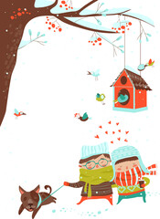 Young couple walking with dog on leash. Vector Christmas card