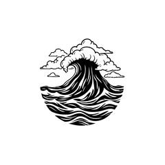 Dramatic monochrome circular wave illustration with stylized clouds in the sky