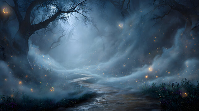 A winding path through a dark, enchanted forest with swirling fog and floating magical orbs - Powered by Adobe