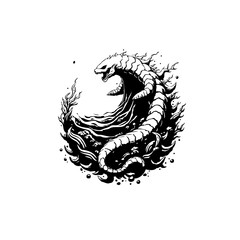 Dramatic depiction of a serpentine creature in a dynamic black and white illustration