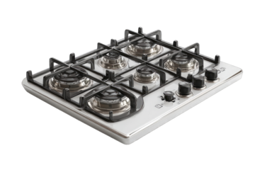 A white gas stovetop with six burners, metal grates, and knobs.  It's angled slightly, showing the controls and burners