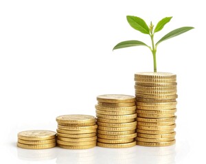 Stacked Gold Coins with Growing Plant on White Background – Financial Growth Concept