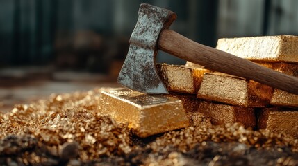 An axe positioned beside glimmering gold bars, symbolizing wealth, labor, and the raw material extraction processes that define human pursuit of treasure and prosperity.