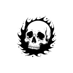 Monochromatic skull illustration surrounded by dark flames for edgy designs