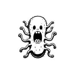 Creepy Cartoon Monster with Open Mouth and Tentacles in Black and White Style