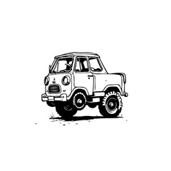 Retro off-road vehicle illustration with bold lines against a clean white backdrop