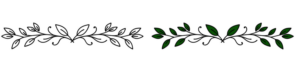 Decorative green and black leaf divider border, isolated vector image on a transparent background, two versions - contour and two-color
