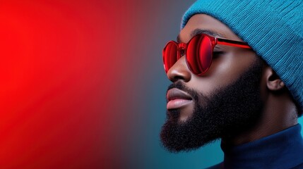 A profile of a man wearing red sunglasses and a blue beanie, exuding confidence against a gradient background that enhances his striking features and fashion statement.