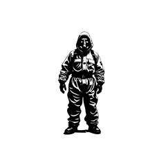 Isolated hazmat suit illustration in black and white providing stark imagery for potential dangers