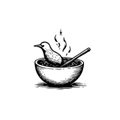 Whimsical Illustration: Bird Bathing in a Bowl of Soup - A Surrealistic Culinary Scene