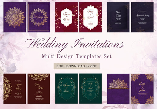 Elegant Indian Wedding Invitation Cards Collections, Multiple Invitations, Ready to Print and Editable Adobe Illustrator File. 