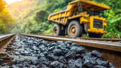 Railroad tracks with ballast and mining truck
