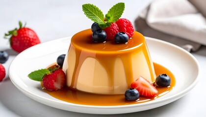 Delicious flan dessert with caramel sauce and fresh berries