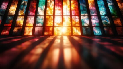 An enchanting display of colorful stained glass windows casts beautiful light patterns on the floor, capturing the essence of joy, spirituality, and artistic beauty.