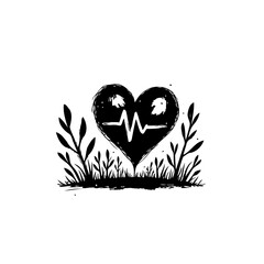 Stylized Black Heart with EKG Line and Plant Accents on White Background
