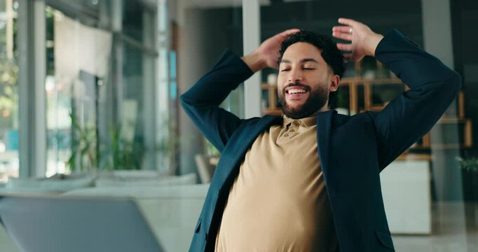 Laptop, relax and smile with business man at desk in office to complete report or research task. Administration, computer and hands behind head with design employee at work for project management