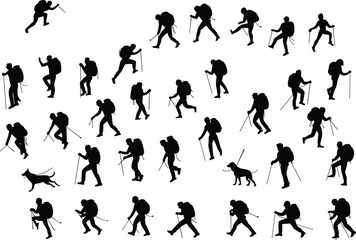 Naklejka premium Dynamic Collection of Trekkers and Hikers Silhouettes: Featuring People with Backpacks and Walking Sticks, Ideal Vector Illustrations for Outdoor Adventure, Nature, and Exploration Concepts