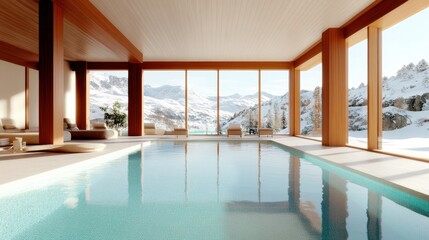 Fototapeta premium A serene indoor pool offers breathtaking views of snow-covered mountains, inviting relaxation and tranquility, emphasizing the beauty of nature and luxurious living spaces.