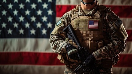Fototapeta premium A male soldier stands in front of the American flag. He wears a military uniform with an insignia and holds a rifle. The scene conveys patriotism and strength.