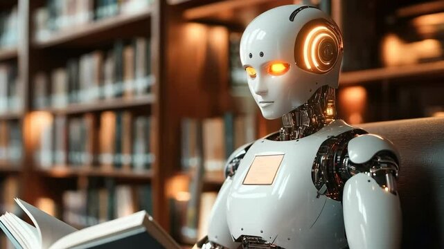 AI robot reading book in library