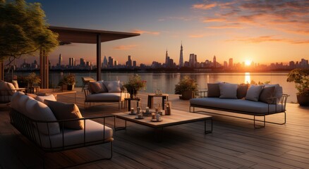 Fototapeta premium A breathtaking view of a city skyline during sunset, set from a stylish rooftop lounge with cozy seating that invites relaxation and enjoyment of urban life.
