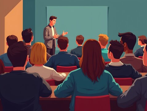 Stylized group of people attending presentation or lecture
