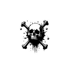 Skull and crossbones with ink splatter design in black and white vector art