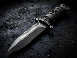 Premium satin finished combat knife elegantly displayed on smooth asphalt surface emphasizing ultimate tactical excellence