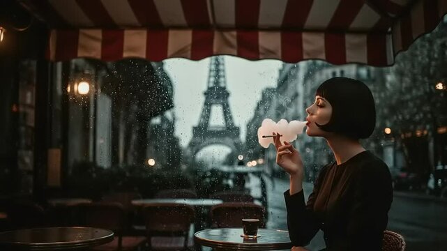 Elegant Woman Smoking in a Parisian Cafe with the Eiffel Tower in the Background