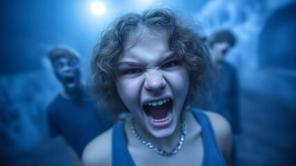 Friends walk through haunted house attraction screaming with terror. Intense strobe light effect enhances frightening atmosphere. Dark surroundings amplify fear