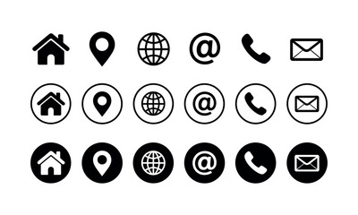 Web icon set of Communication Icons in Black and White Including Home Location Globe Email and Phone Symbols