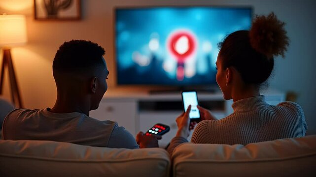 Young Couple Using Mobile App and Remote Control While Watching Smart TV at Home