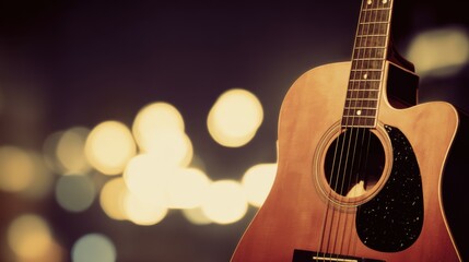Naklejka premium A warm light-brown wooden acoustic guitar with glossy finish and visible strings, featuring a black pickguard near the circular sound hole, stands prominently against a dark background with soft bokeh