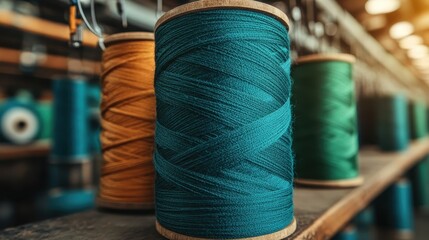 A vibrant collection of colorful thread spools stands in a craft store; their rich hues represent creativity, craftsmanship, and the art of sewing and textile design.
