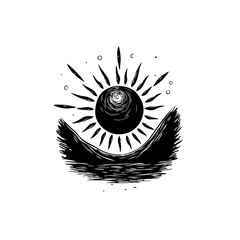 Monochrome sun rising over a mountain range with radiating light beams image