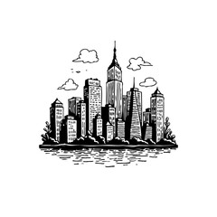 Obraz premium Black and white illustration of a cityscape skyline with stylized clouds above