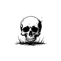 Ink illustration of human skull with grass dark monochrome vector drawing