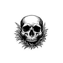 Detailed black and white drawing of a human skull surrounded by leaves