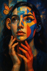 A surreal portrait of a woman painted with vivid abstract colors and butterfly, evoking wonder, imagination, and introspective emotion.