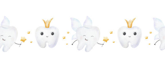 Tooth Character Tooth fairy with crown, wings and magic wand among stars. Hand drawn watercolor baby seamless border of kids first tooth for pediatric dentistry, National Tooth Fairy Day, wrapping