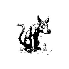 Cartoonish dog with big eyes sitting near a flower in black and white style