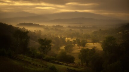 Obraz premium Golden light over valley with trees