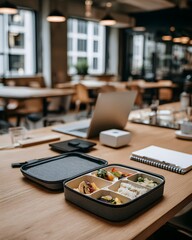 Lunchbox filled with colorful food items on a wooden table in a modern office environment