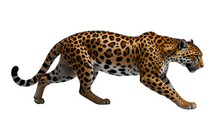 Jaguar prowling with focus on white background, side profile view