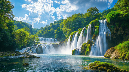 Fototapeta premium A stunning waterfall cascades into a lush green forest beneath a vibrant blue sky with fluffy clouds, creating a serene and picturesque natural landscape