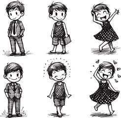 depicting boys and girls in various poses, girls wearing polka-dot dress linework ink sketch hand drawn pen drawing vector illustration background
