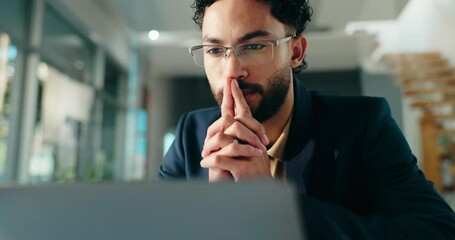 Laptop, reading and thinking with business man at desk in office for online report or research. Administration, computer and glasses with professional accountant at work for financial management - Powered by Adobe